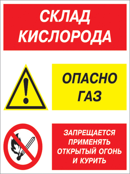 Кз 14 Склад кислорода. опасно газ - запрещается применять открытый огонь и курить. (пленка, 400х600 мм) - Знаки безопасности - Комбинированные знаки безопасности - ohrana.inoy.org